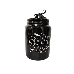 Rae Dunn Halloween "Boo Eek Aah" Bats Cookie Jar Canister w/Lid Gloss Black